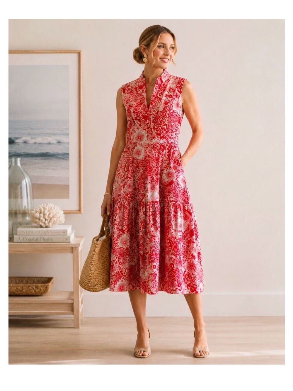 NWT Tuckernuck Hillsborough Sleeveless Red White Floral Midi Dress XXS